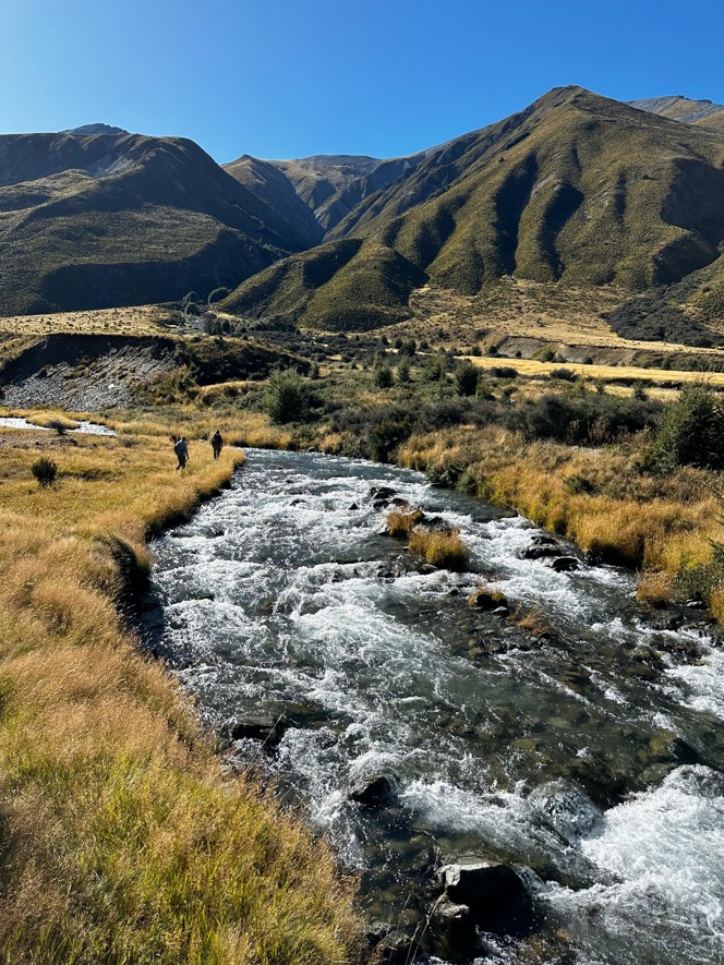 Hikers walking alongside a coursing river in a valley.